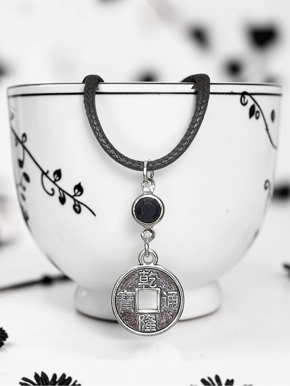 5 For $25💫Silver Turkish Coin Pendant Necklace With a Black Acrylic Gem Accent